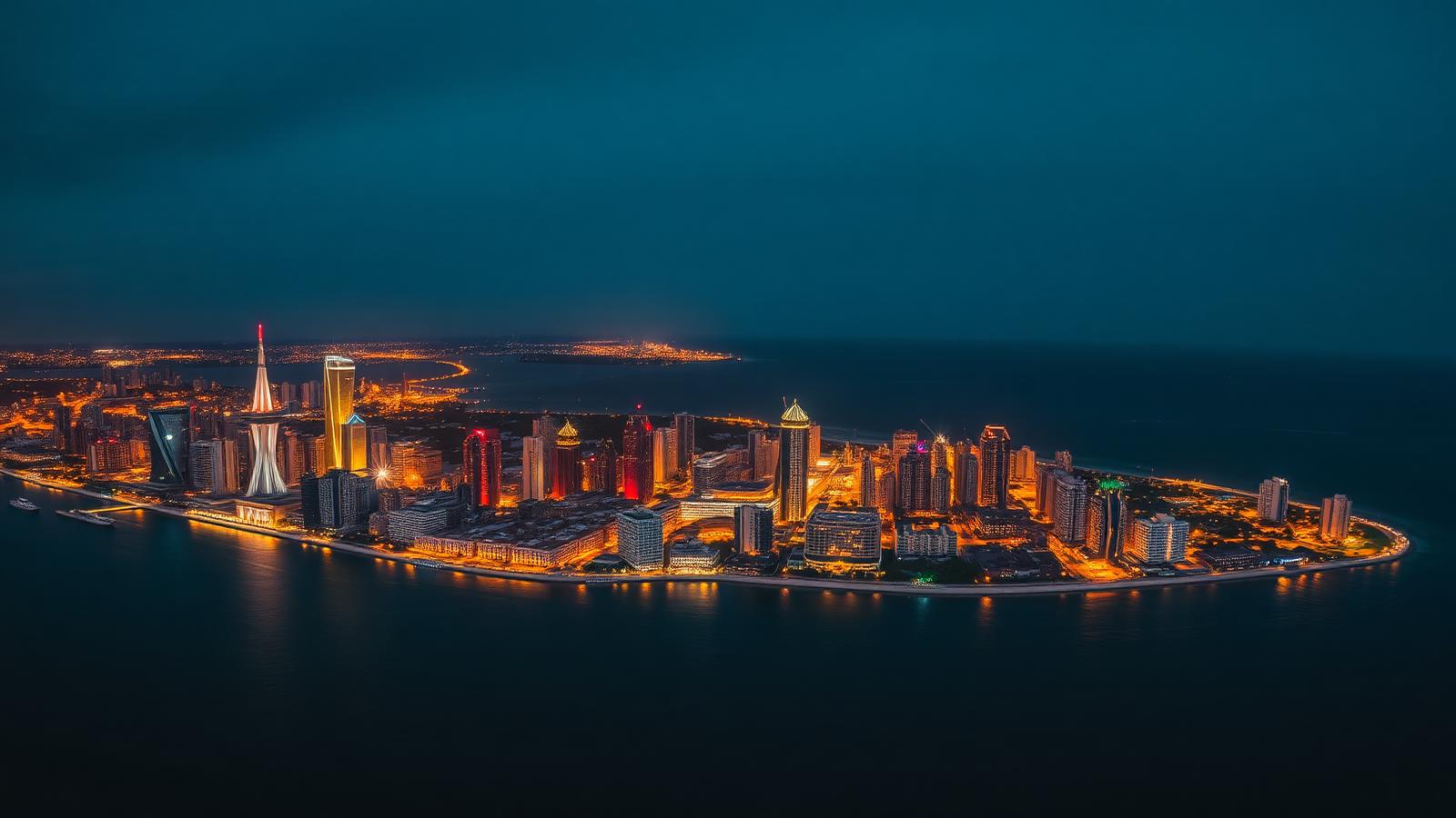 Vista nocturna de una ciudad costera del Caribe